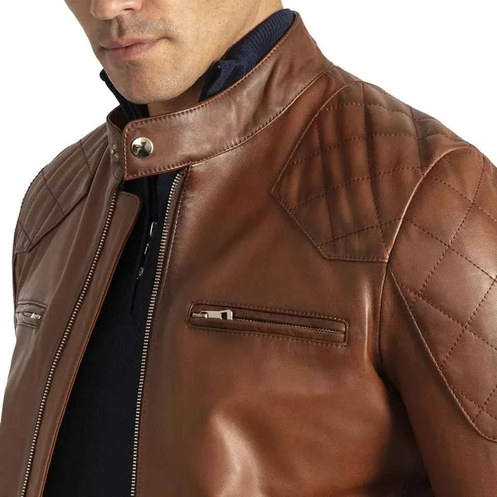 David Brown Mens Quilted Cafe Racer Leather Jacket Mens