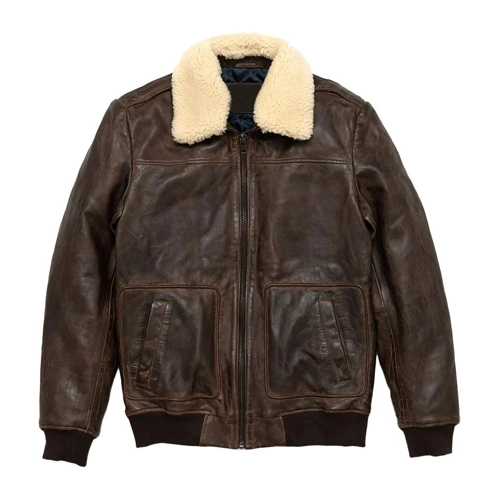 Maverick Vintage Brown Leather Bomber Jacket with Detachable Sherpa Collar