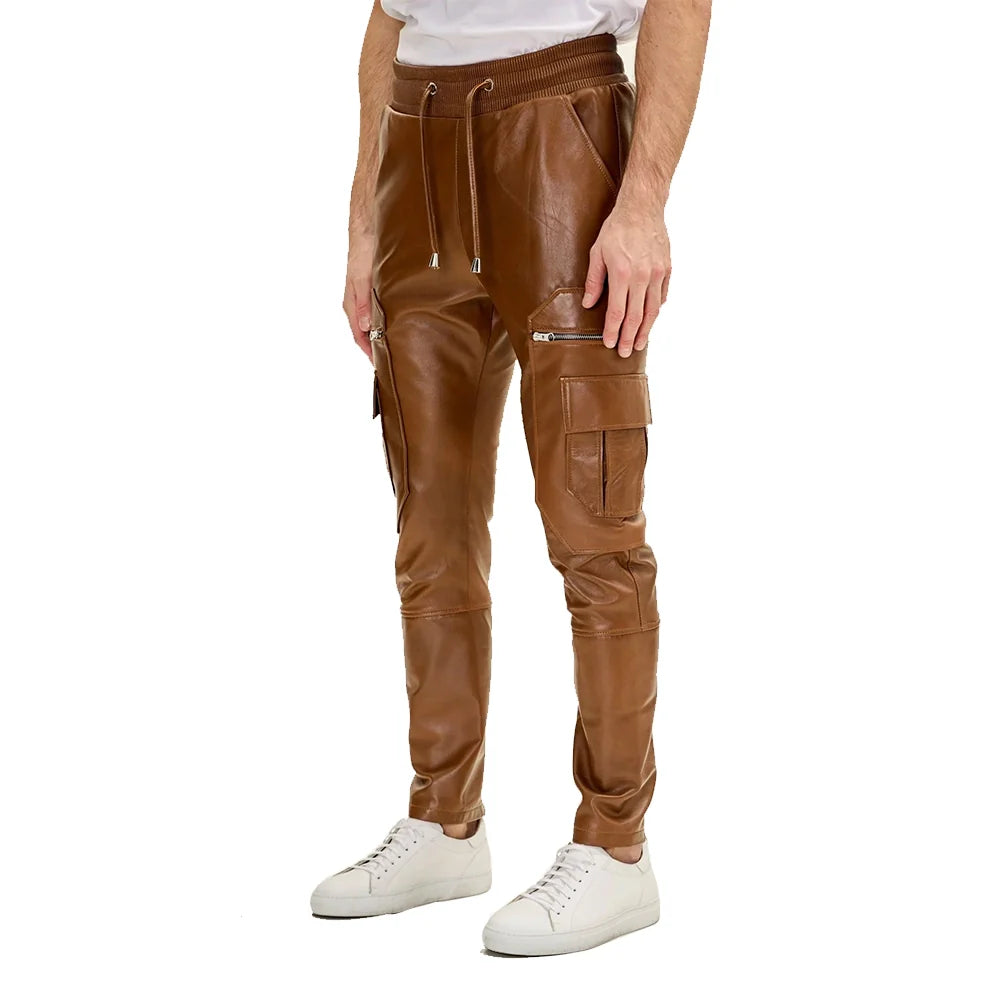 Timeless Brown Mens Leather Cargo Pants
