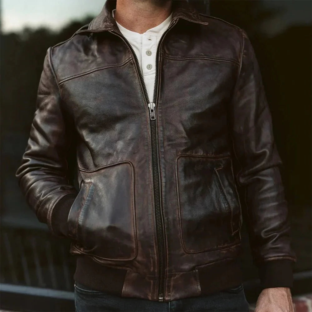 Maverick Vintage Brown Leather Bomber Jacket with Detachable Sherpa Collar
