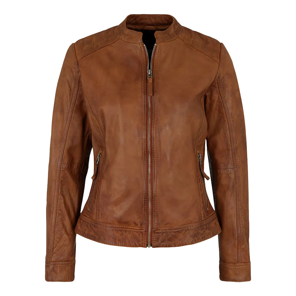 Genuine Biker Brown Cognac Leather Jacket Womens
