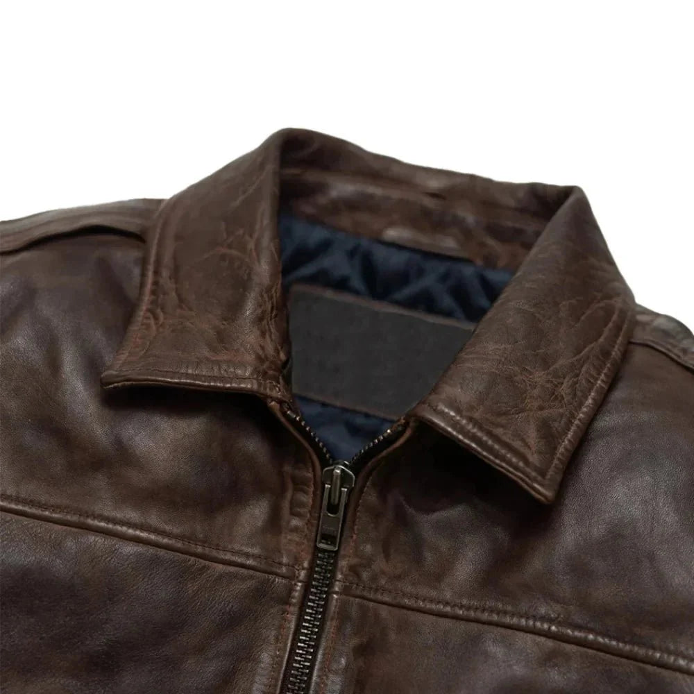 Maverick Vintage Brown Leather Bomber Jacket with Detachable Sherpa Collar Deatiled view