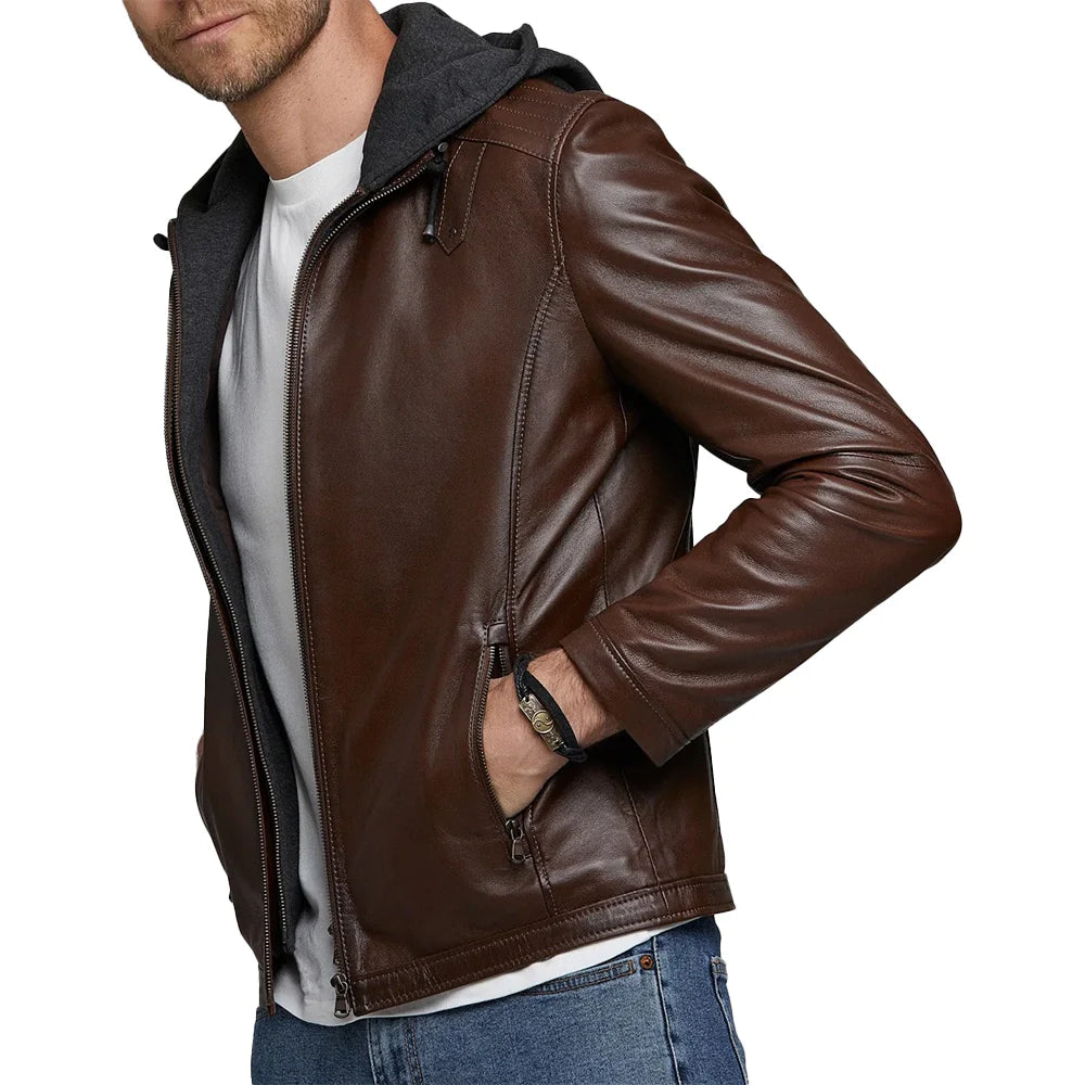 Men's Real Brown Leather Jacket with Hood