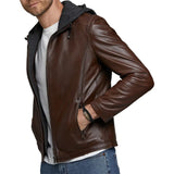 Men's Real Brown Leather Jacket with Hood