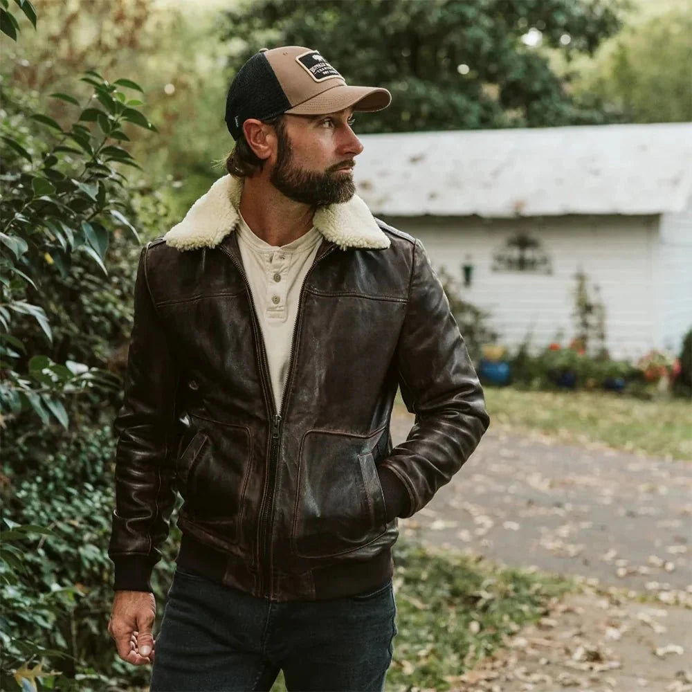 Maverick Vintage Brown Leather Bomber Jacket with Detachable Sherpa Collar