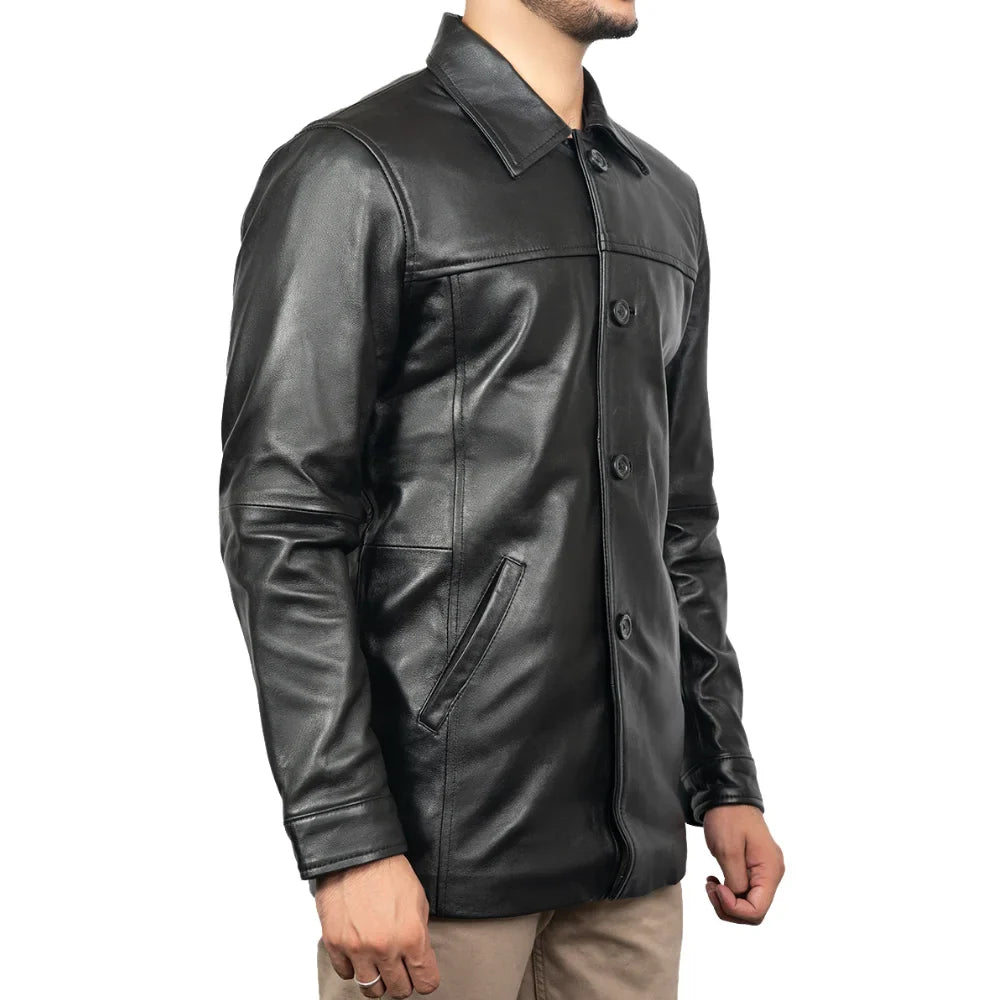 Victor Black Mens 3/4 Length Lambskin Leather Car Coat