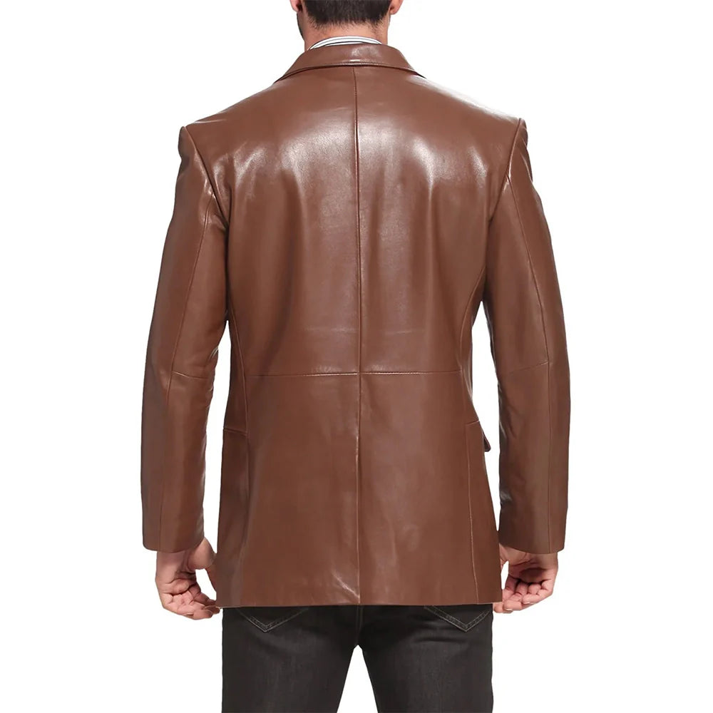 Mens Notched Lapel Two Button Brown Leather Blazer