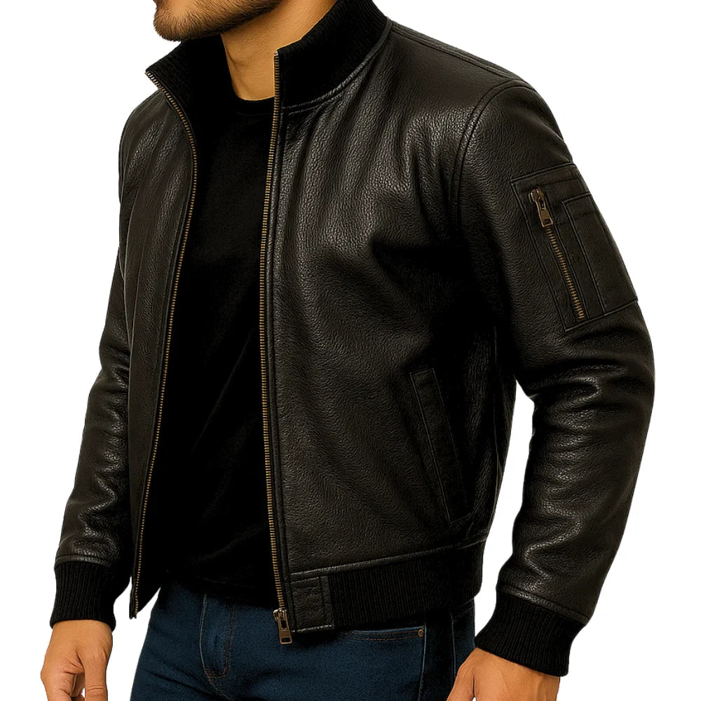 Men's Black Cowhide Leather Bomber Jacket