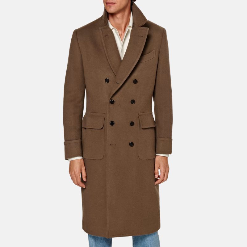 Brown Double Breasted Trench Wool Coat Mens