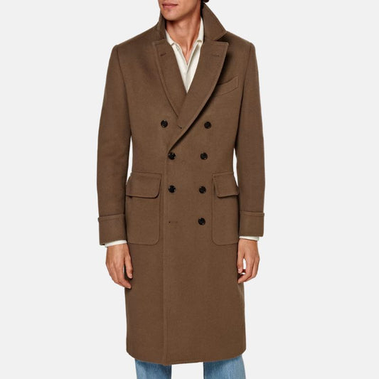 Brown Double Breasted Trench Wool Coat Mens