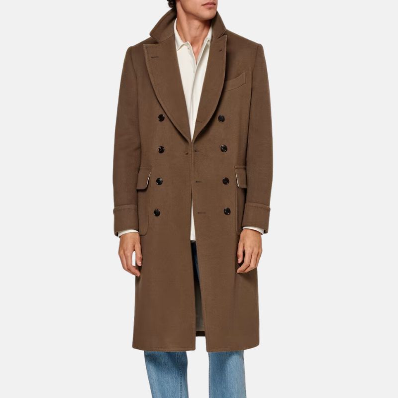 Dark Brown Double Breasted Trench Wool Coat Mens