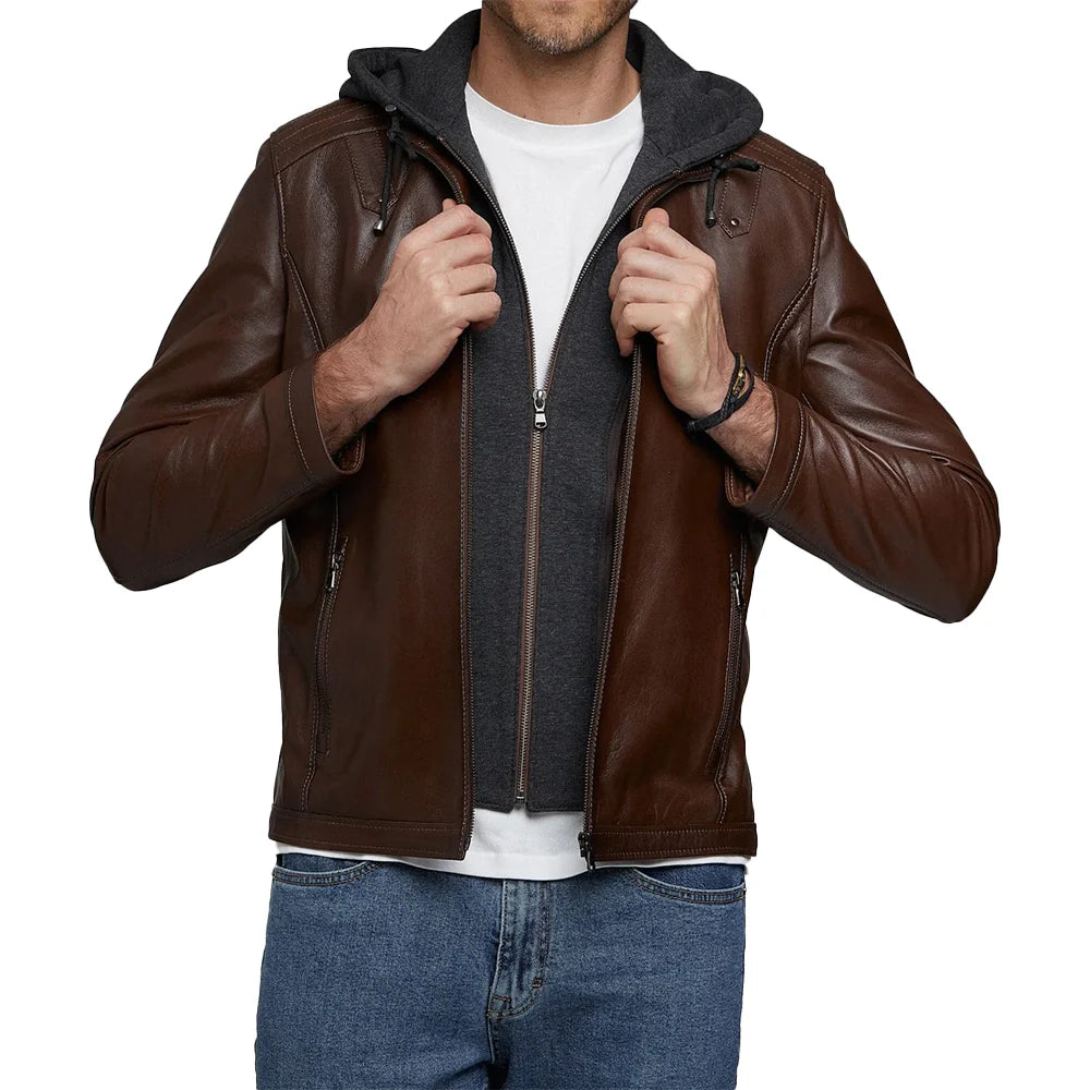 Men's Real Dark Brown Leather Jacket with Hood