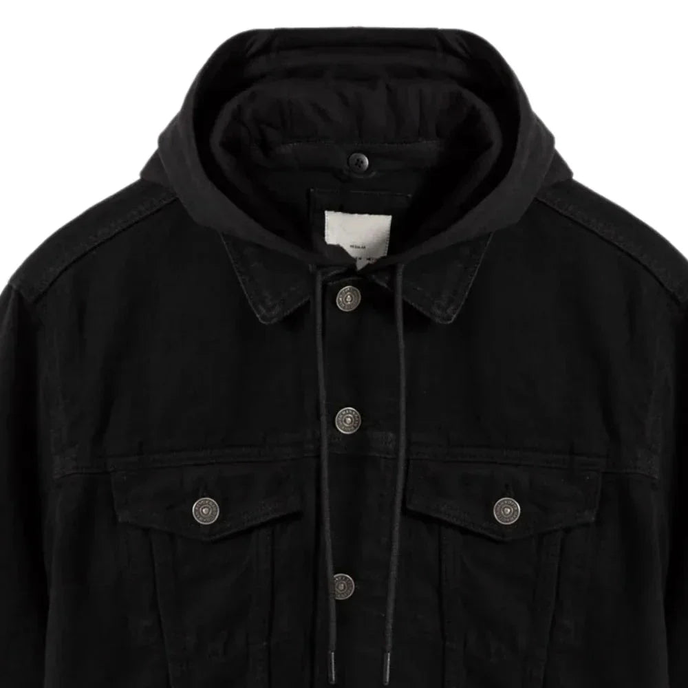 Black Hooded Denim Jacket Mens - Close Up