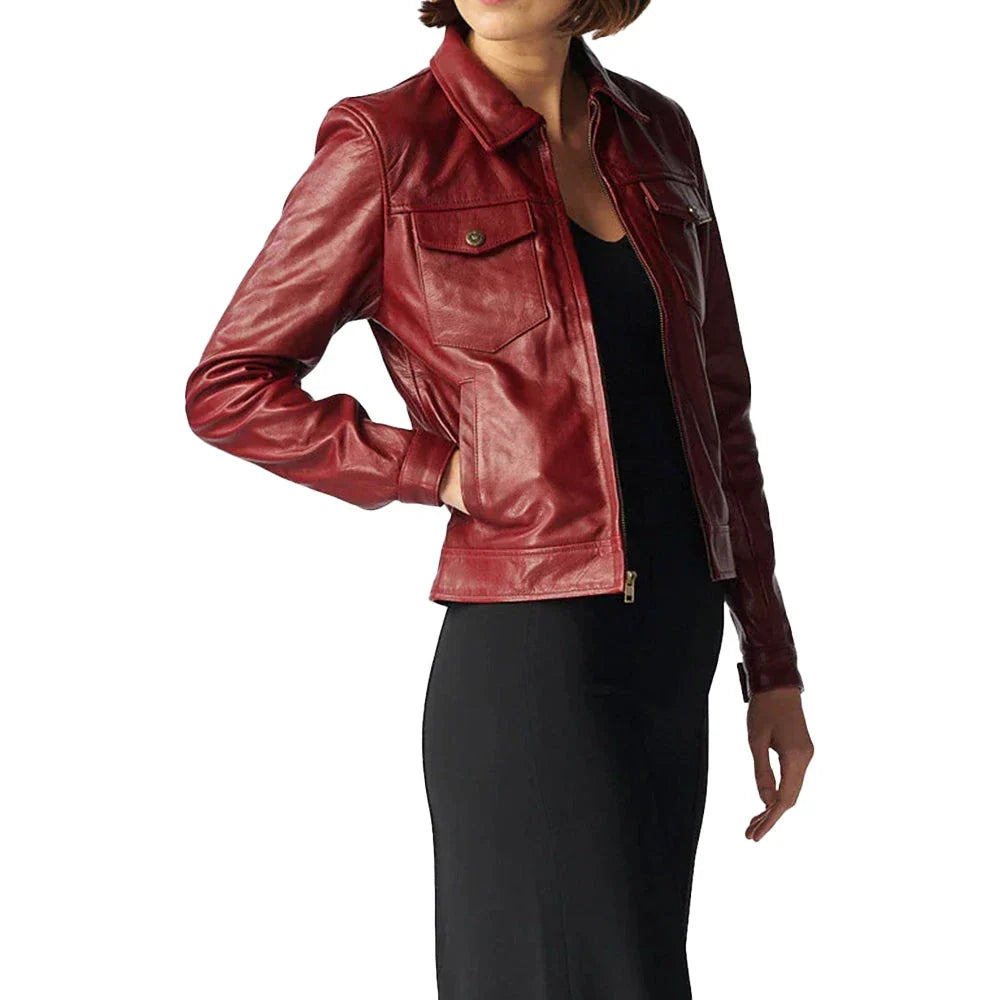 Trucker Red Leather Jacket Womens