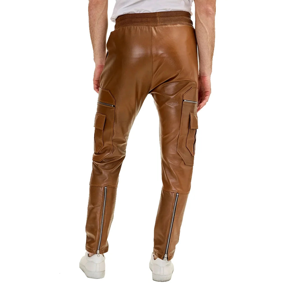 Timeless Brown Mens Leather Cargo Pants