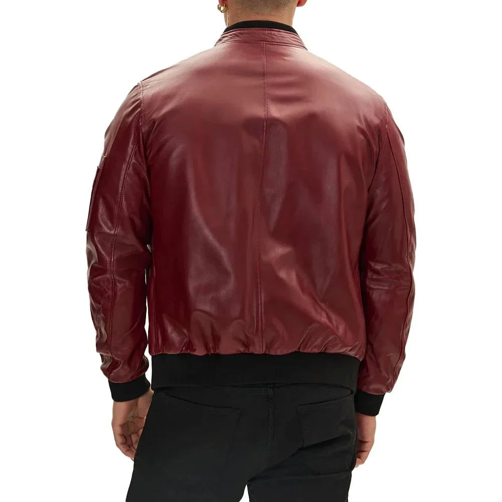 Bomber Red Leather Real Jacket Mens
