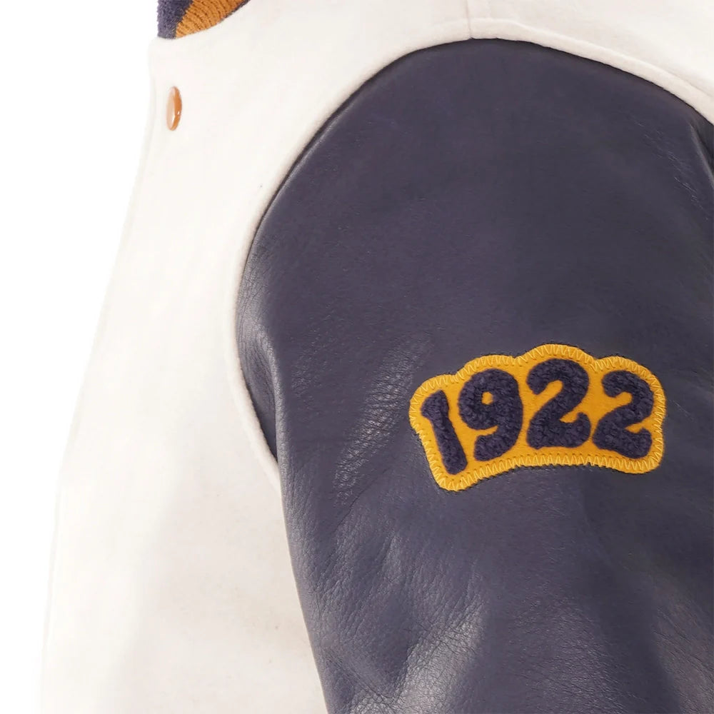 Wool Off White Varsity Jacket With Purple Leather Sleeves