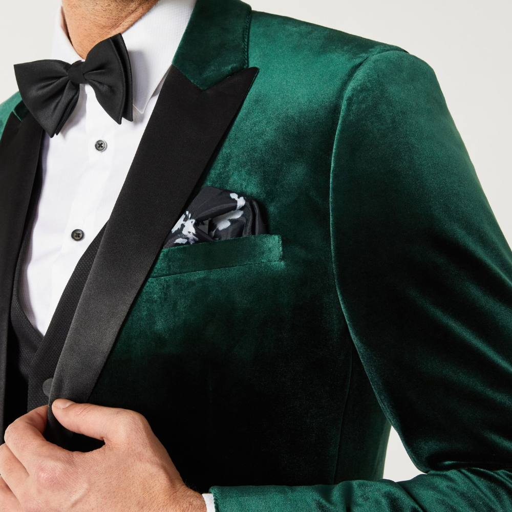 Men's Three Piece Peak Lapel Green Velvet Tuxedo - Prom , Wedding and Dinner Suit