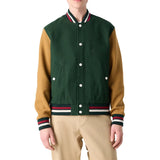 Aaron Wool Mens Dark Green Varsity Jacket with Cognac Sleeves