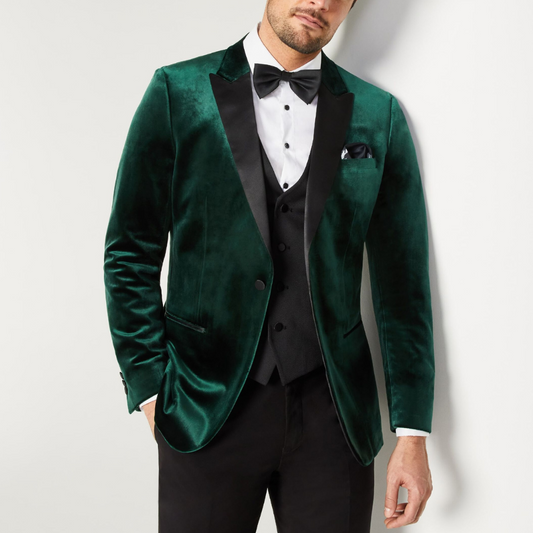 Men's Three Piece Peak Lapel Green Velvet Tuxedo - Prom , Wedding and Dinner Suit