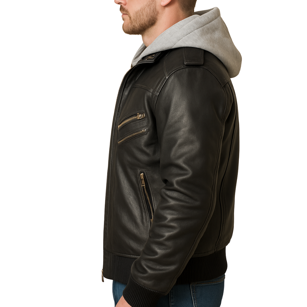 Mens Black Leather Bomber Jacket With Removable Hood
