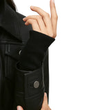 Emmy Black Leather Bomber Jacket Women with Removable Hood