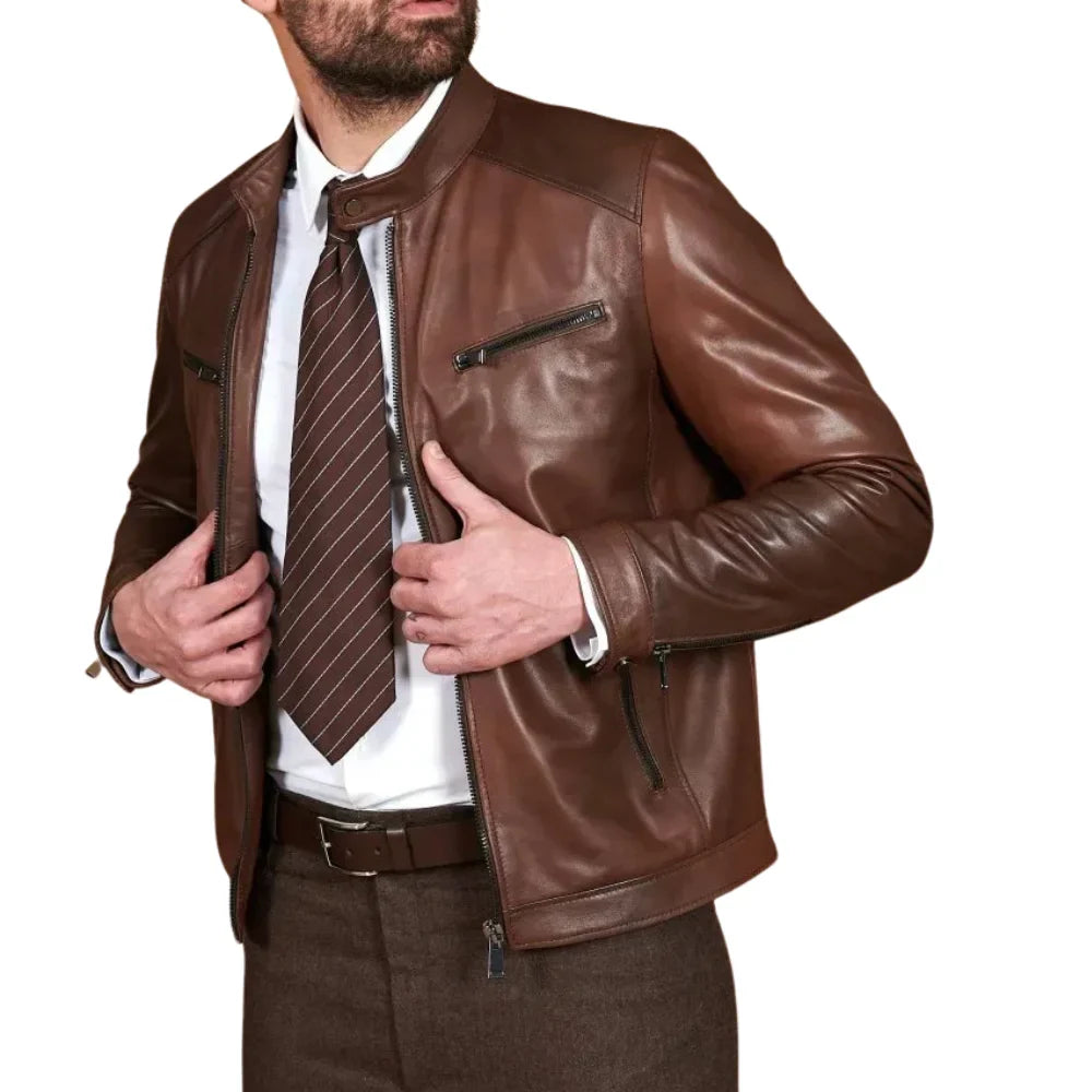 Men’s Real Lambskin Chocolate Brown Biker Leather Jacket