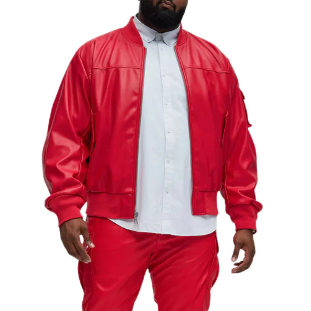 Men's Arm Pocket Oversized Leather Bomber Jacket