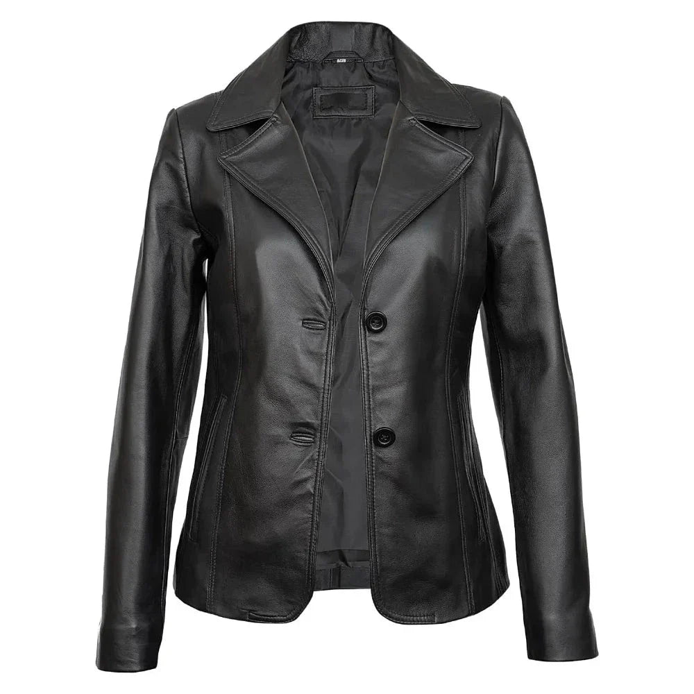 Real Lambskin Notch Lapel Ladies Black Leather Blazer