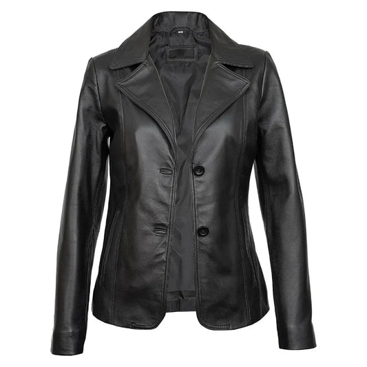 Real Lambskin Notch Lapel Ladies Black Leather Blazer