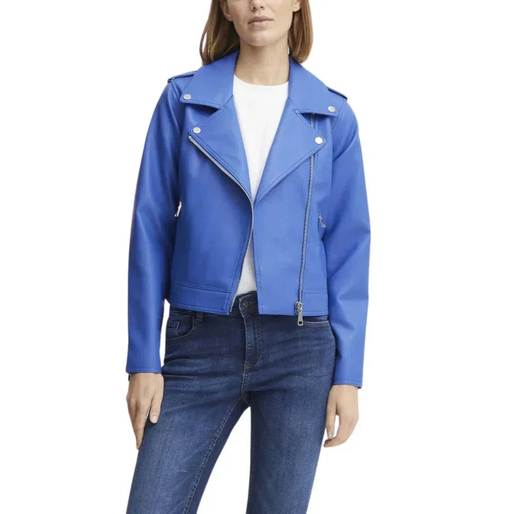 Ladies Real Lambskin Blue Moto Jacket