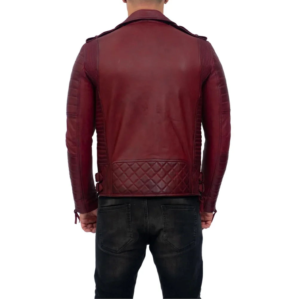 Mens Burgundy Slim Fit Brando Leather Biker Jacket