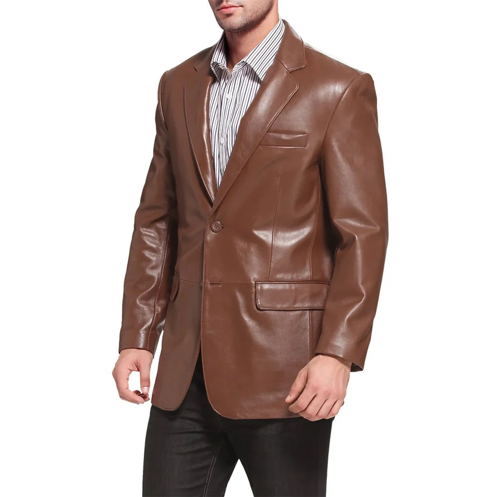 Mens Notched Lapel Two Button Brown Leather Blazer
