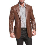 Mens Notched Lapel Two Button Brown Leather Blazer