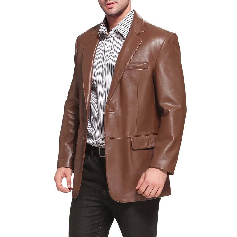 Mens Notched Lapel Two Button Brown Leather Blazer