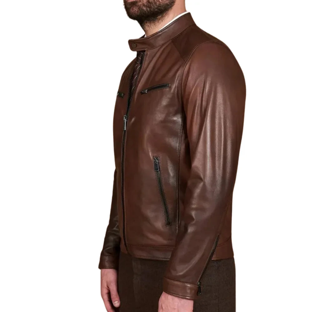 Men’s Real Lambskin Chocolate Brown Biker Leather Jacket