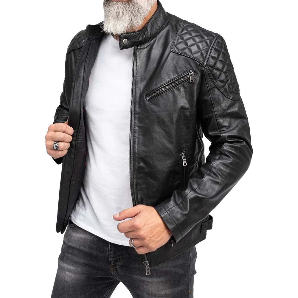 Mens Padded Black Cafe Racer Leather Jacket