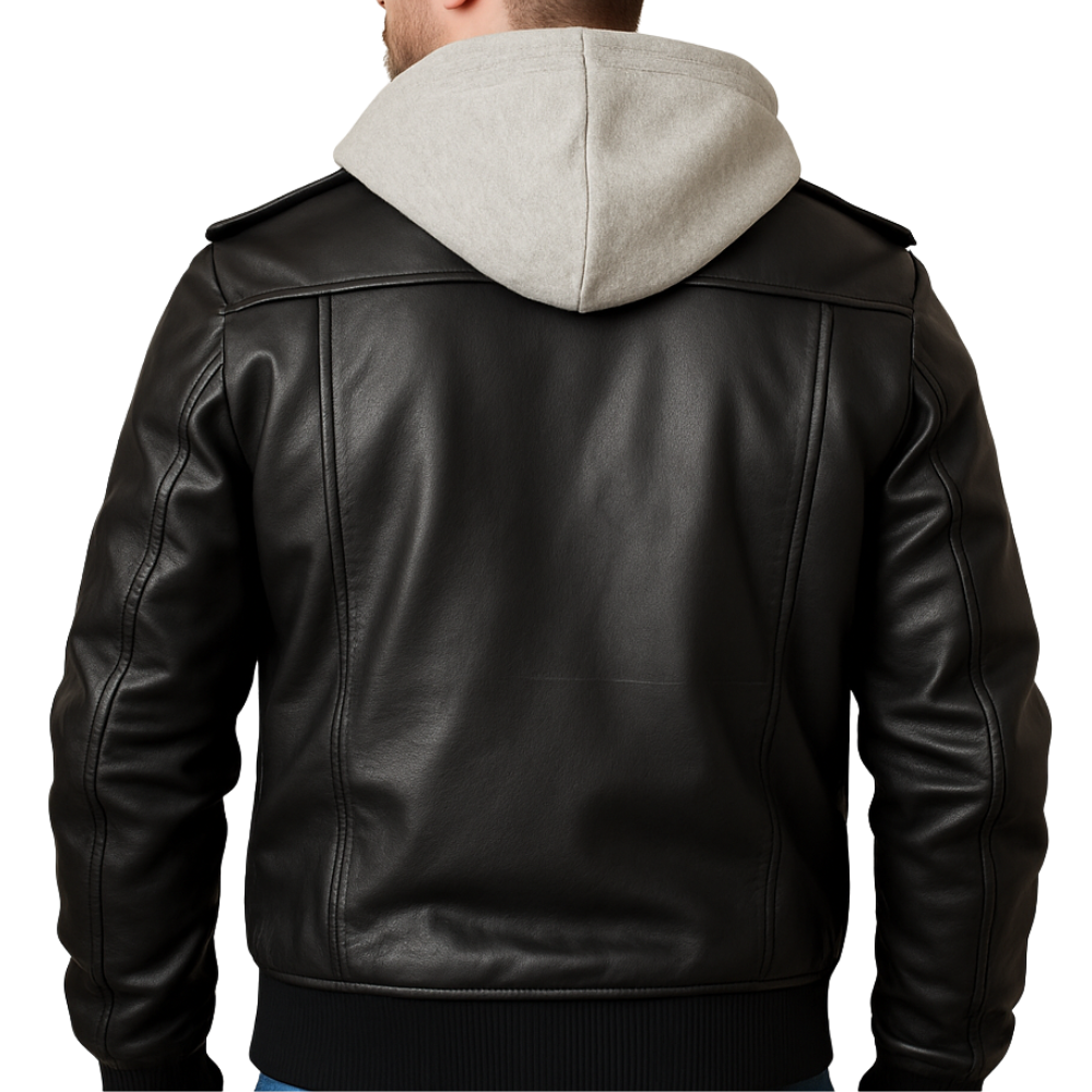 Mens Black Leather Bomber Jacket With Removable Hood
