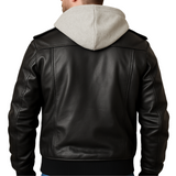 Mens Black Leather Bomber Jacket With Removable Hood