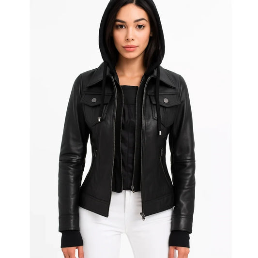 Emmy Black Leather Bomber Jacket Women with Removable Hood