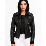 Emmy Black Leather Bomber Jacket Women with Removable Hood