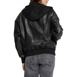 Women's Black Hooded Leather Bomber Jacket with Removable Hood