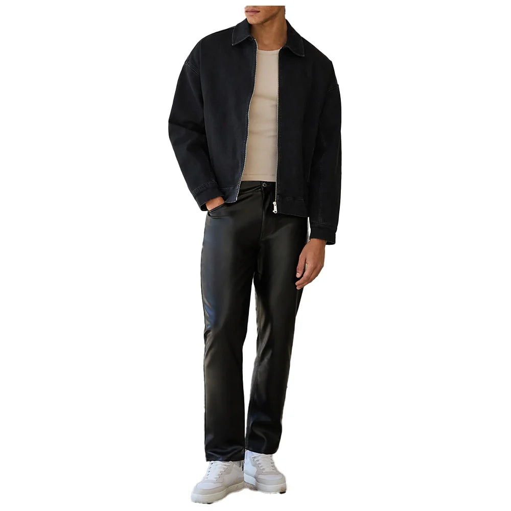 Straight Fit Black Leather Pants Mens