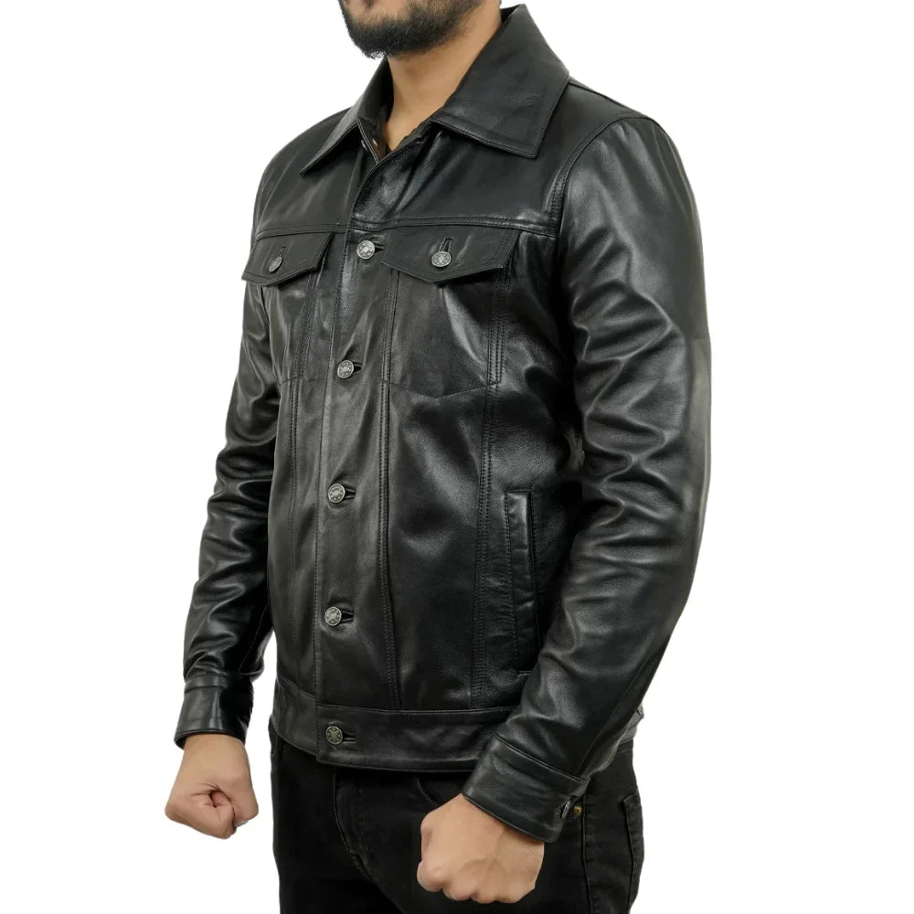 Holland Black Real Leather Trucker Jacket Mens