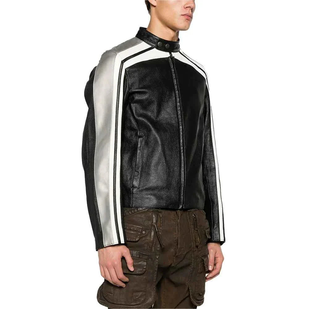 Men's Black and White Leather jacket with Grey Detailing