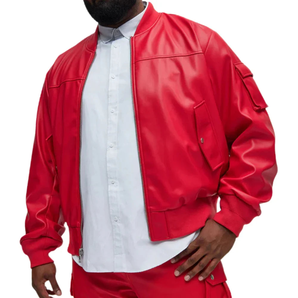 Men's Arm Pocket Oversized Red Bomber Jacket