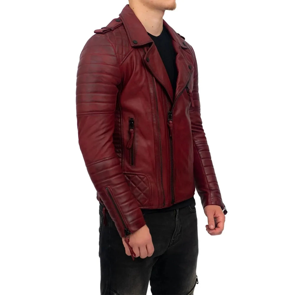 Mens Slim Fit Double Zip Brando Leather Biker Jacket