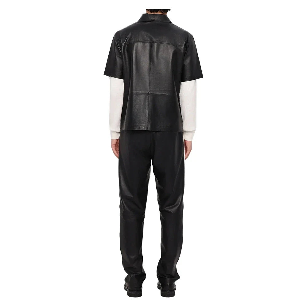 Lightweight Half Sleeves Black Leather Mens Shirt Jaket