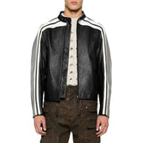 Men's Black and White Leather jacket with Grey Detailing