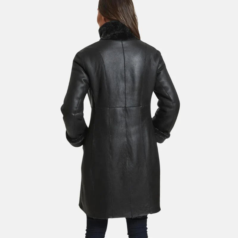 Victoria Womens Black Leather Shearling Winter Coat